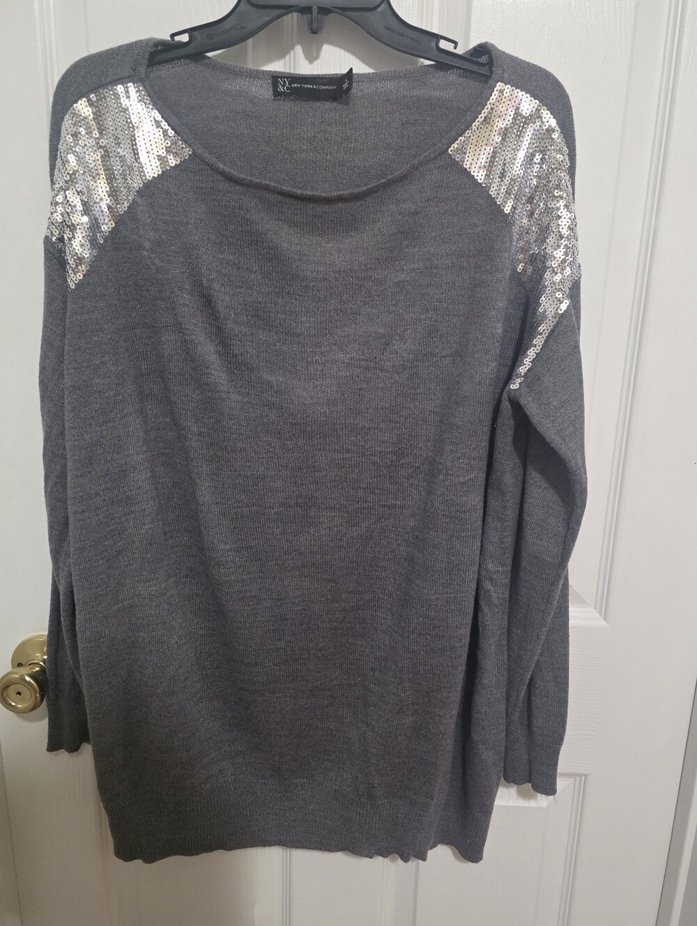 New York & Company Gray Sweater with Silver Sequin Shoulder Panels